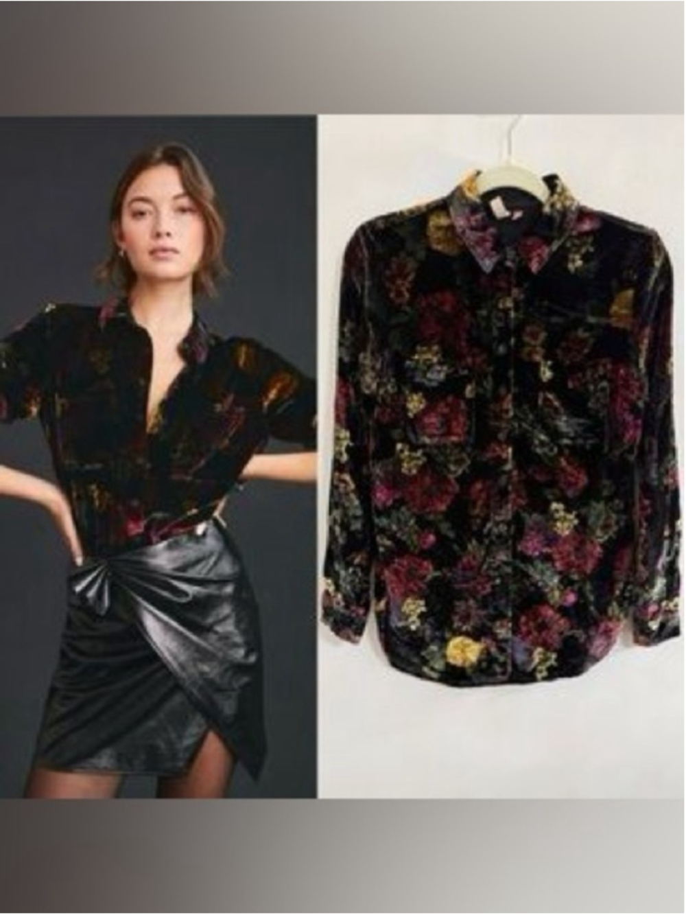 Pilcro Hadley Velvet Floral Button-Down Shirt - Black with Pink, Gold, Green